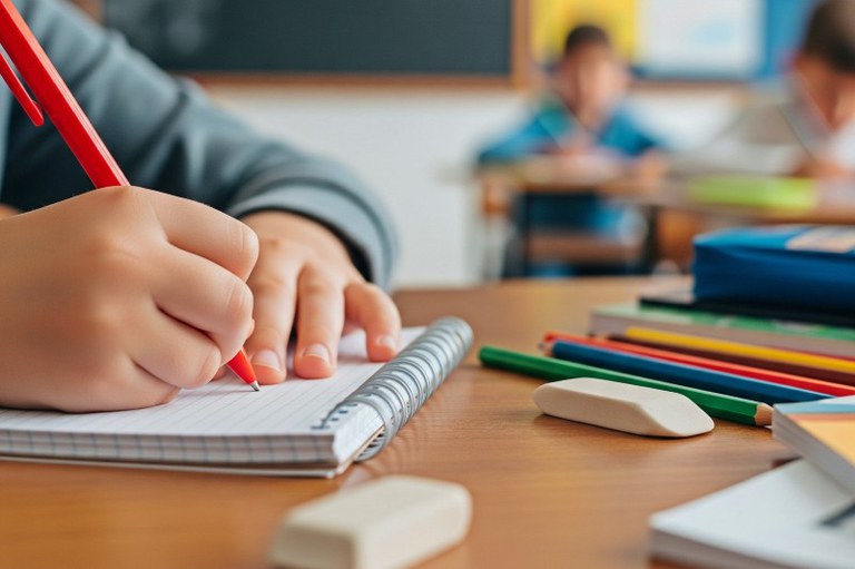 A imagem é um close-up da mão de uma criança pequena, provavelmente entre 6 e 9 anos, segurando uma caneta vermelha brilhante e escrevendo cuidadosamente em um caderno de espiral de capa mole. O caderno está aberto e posicionado sobre uma mesa escolar de madeira clara.