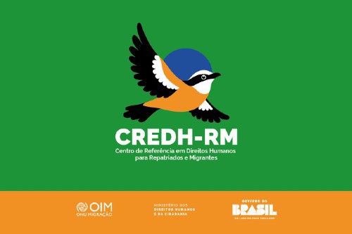 Foto mostra um passarinho sobre um fundo amarelo. Em branco está escrito Centro de Referência em Direitos Humanos para Repatriados e Migrantes (CREDH-RM)