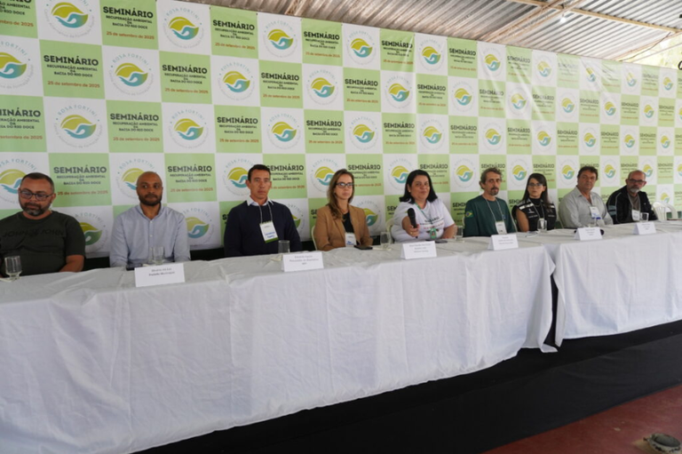 Foto de um painel de oito participantes (seis homens e duas mulheres) está sentado em uma longa mesa coberta por toalha branca, em frente a um banner de fundo (backdrop) que repete a marca de um "Seminário de Mobilização Ambiental na Bacia do Rio Doce". Todos usam crachás.
