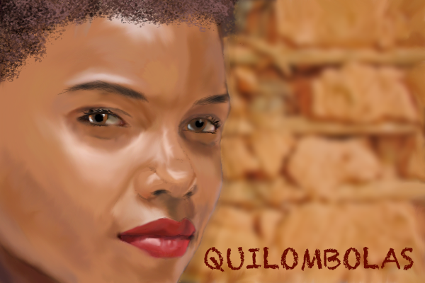 Pintura de rosto de mulher negra a esquerda, em um fundo de paredes de pau a pique. No canto direito, texto em vermelho escrito: Quilombolas.