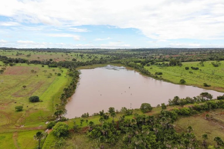 Fotografia aérea da Barragem do Bicano, mostrando um grande reservatório de água de coloração marrom-clara envolvido por uma densa faixa de árvores e palmeiras verdes. Ao redor da represa, estendem-se vastos campos e pastagens rurais sob um céu claro com poucas nuvens esparsas.