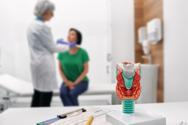 Uma médica examinando o pescoço de uma paciente. Em primeiro plano, uma maquete da glândula tireoide, um prontuário médico e uma caneta.