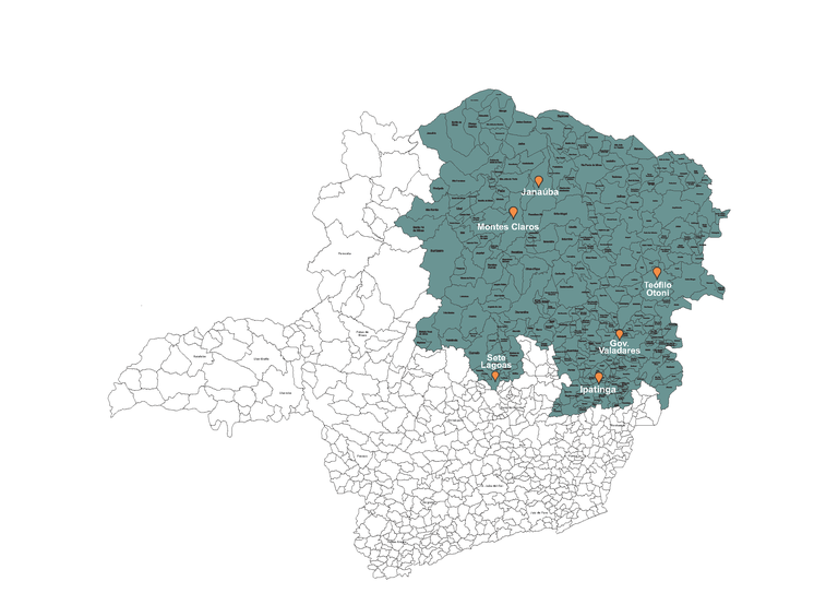 Mapa de MG com a área de atuação das Procuradorias.