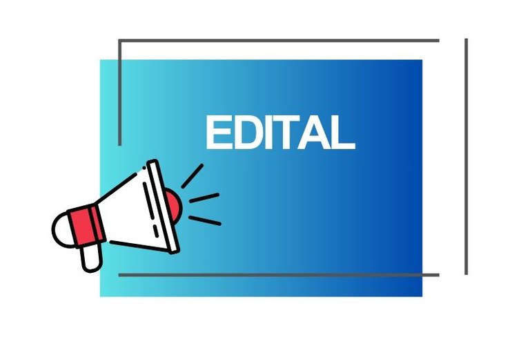 Imagem com fundo azul escrito edital em branco.