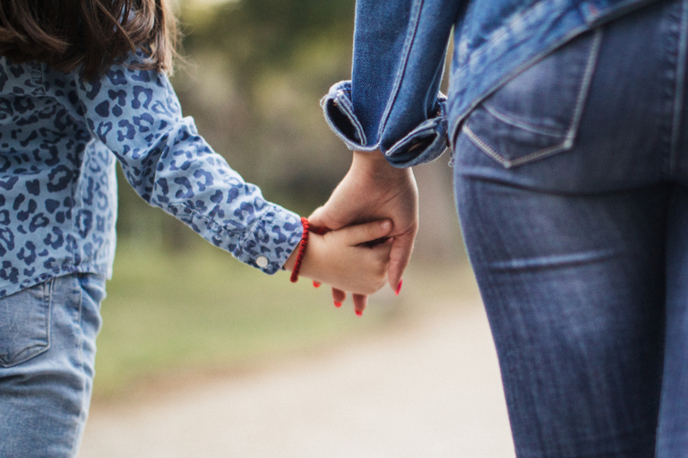 Plano detalhe de uma criança e uma mulher caminhando de mãos dadas ao ar livre, de costas para o espectador, ambos vestindo roupas jeans.