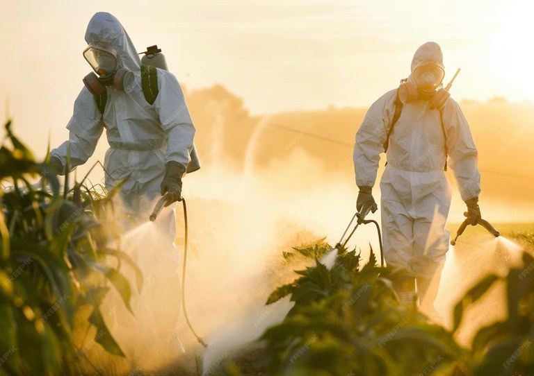 dois homens em roupas brancas que os protegem dos agrotóxicos, aplicam o veneno em uma plantação