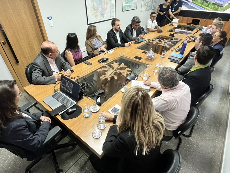Em uma mesa retangular, diversos servidores estão sentados acompanhado reunião