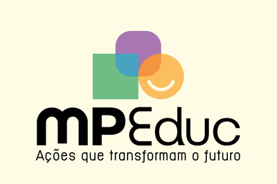 magem com fundo bege com degradê radial com o centro branco, e a marca do programa MPEduc centralizada, contendo os textos "MPEduc" e "Ações que transformam o futuro" na cor preta e um símbolo formado por um quadrado verde, um quadrado lilás, com os cantos arredondados, e um círculo laranja, co um traço branco de um sorriso, todos em tons translúcidos e sobrepostos