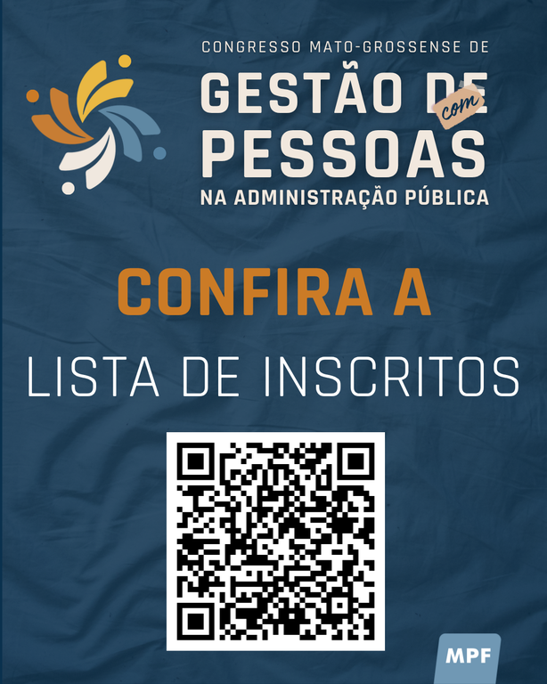 banner com fundo azul escuro, efeito de água turva sobre o fundo, vê-se no topo a logotipo do evento. No centro, lê-se confira a lista de inscritos. Abaixo um QR code.