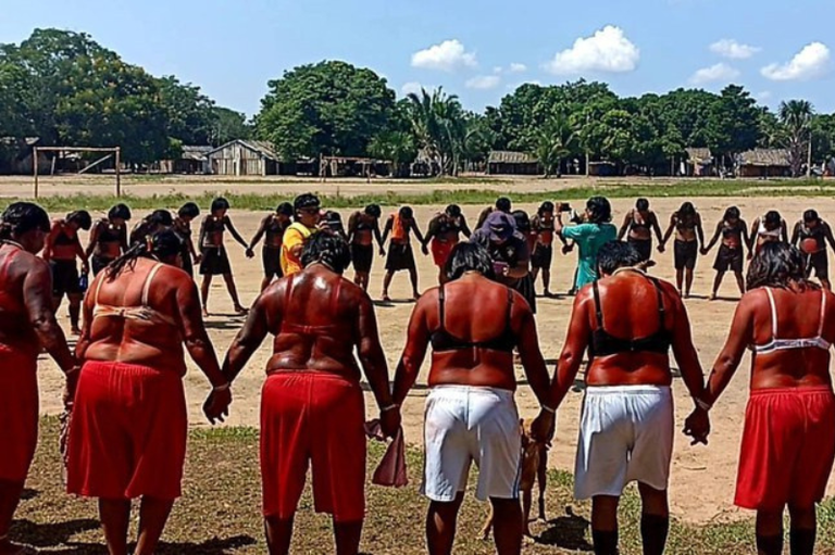 imagem mostra indígenas de mãos dadas formando um círculo, em um campo aberto com árvores ao fundo