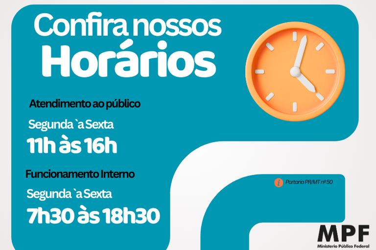 banner com fundo alaranjado claro e formas geométricas em azul. Nele contem informações sobre a mudança de horário do órgão