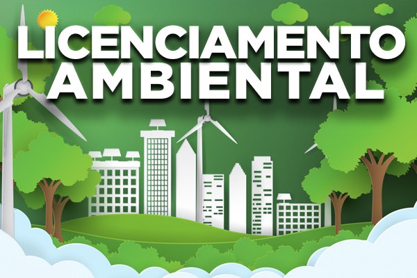 Arte retangular verde com desenho da silhueta de uma cidade com prédios altos, turbinas que geram energia eólica. Em primeiro plano desenhos de árvores e arbustos. Em branco as palavras Licenciamento Ambiental