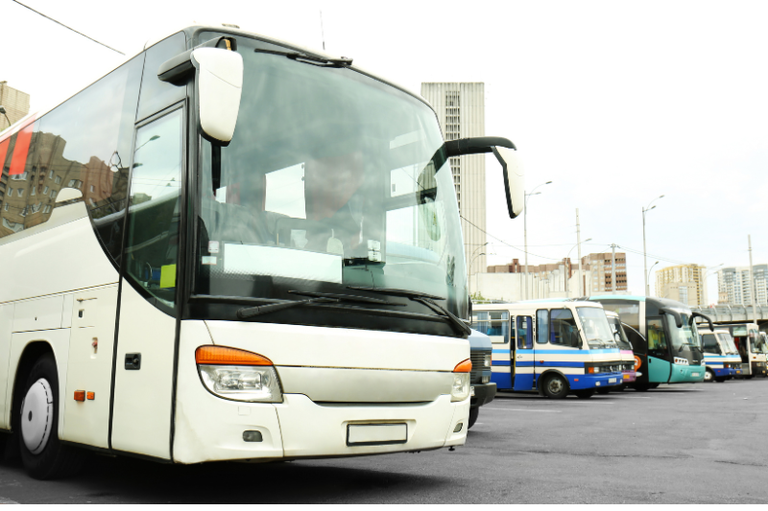 Foto mostra ônibus de transporte interestadual estacionados em pátio asfaltado