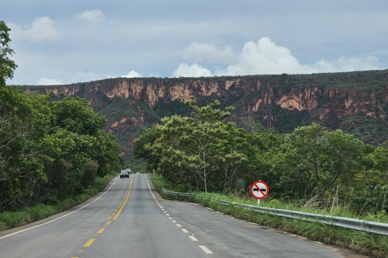 Foto mostra trecho da rodovia MT-251, com vegetação densa às margens da estrada e, à frente, um planalto