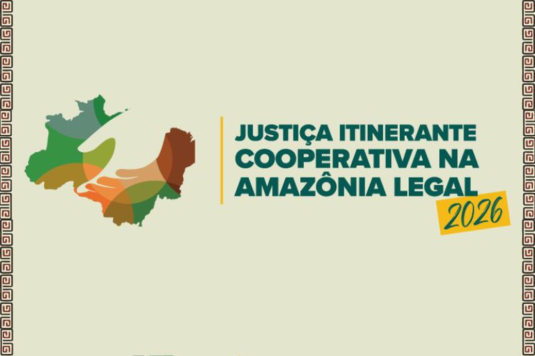 Logo com o mapa da Amazônia formado por mãos e o texto Justiça Itinerante Cooperativa na Amazônia Legal 2026 sobre fundo claro.