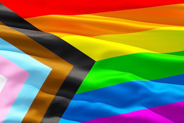 Bandeira inclusiva do orgulho LGBTQIAPN+, com listras horizontais coloridas e um triângulo à esquerda com faixas em azul, rosa, branco, marrom e preto.