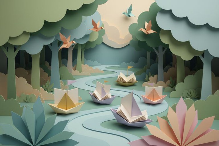 Arte de cenário em papercraft com árvores, plantas e pássaros de origami em tons pastel; cinco barcos de papel flutuam em um rio sinuoso, cada um carregando um livro aberto.