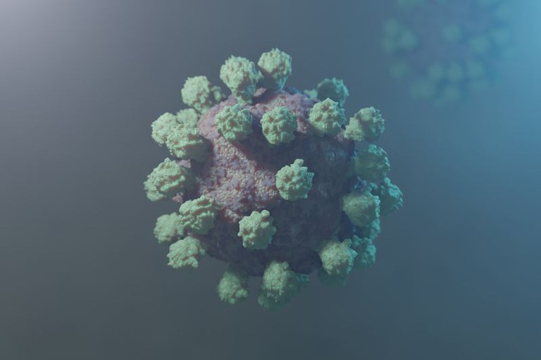 Ilustração 3D em close-up de uma partícula do coronavírus. O vírus é esférico, de cor púrpura, com proteínas spike verde-claras cobrindo sua superfície, sobre um fundo azul-esverdeado escuro.