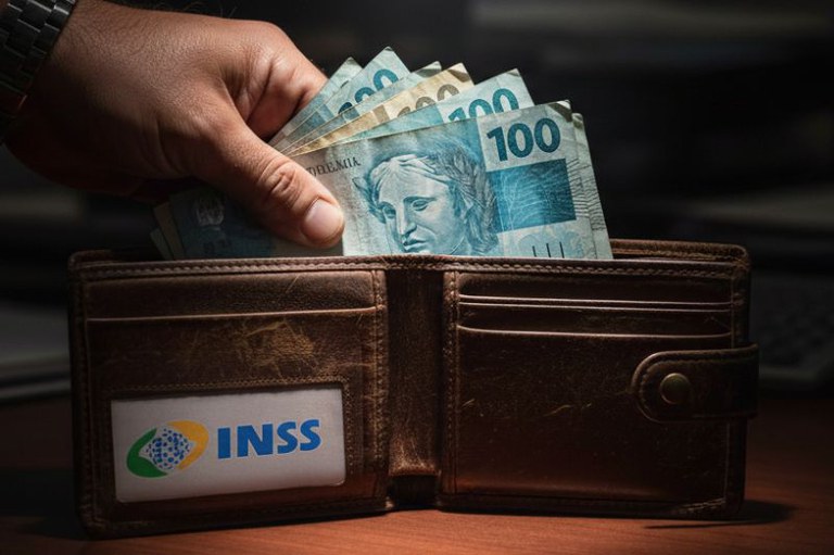 Mão de uma pessoa segurando notas de 100 e 200 reais, que saem de uma carteira de couro marrom. Nela, há uma logo do INSS.