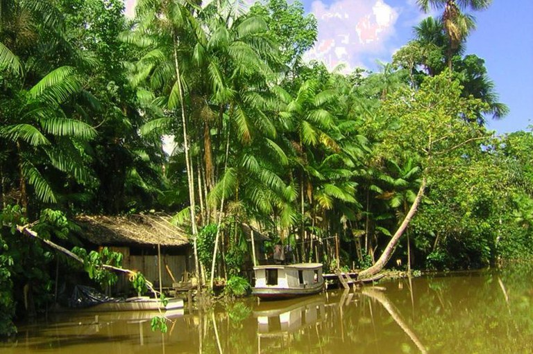 Foto de barco branco ancorado em rio barrento diante de mata fechada com palmeiras e casa de madeira com telhado de palha.