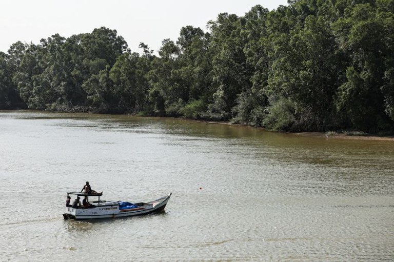 Barco de madeira com pessoas navega em rio barrento diante de margem com vegetação densa e verde sob céu claro.