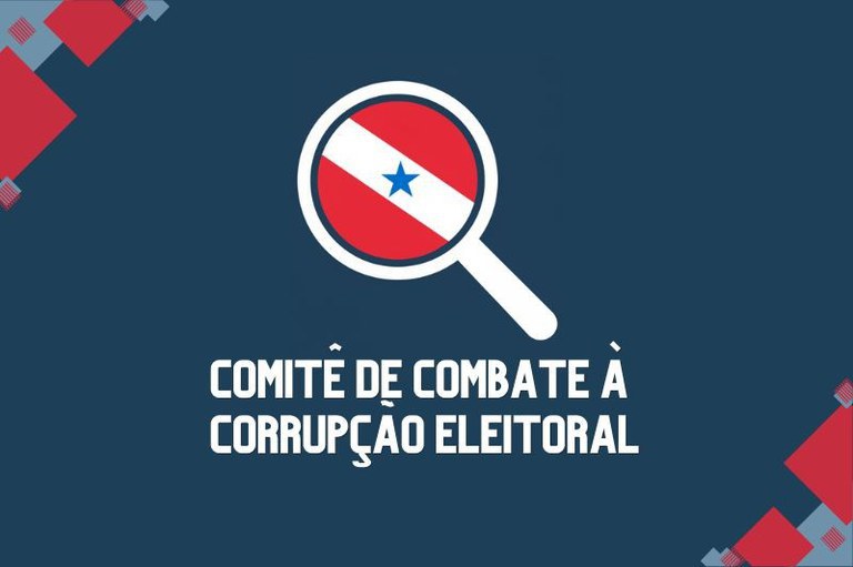 Fundo azul com o texto, em branco, "Comitê de Combate à Corrupção Eleitoral", e a logo, formada por uma lupa que mostra a bandeira do Pará.