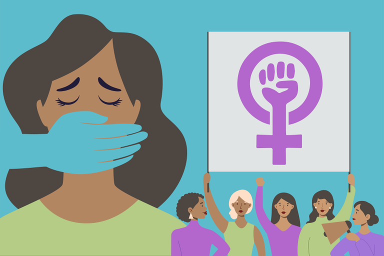 Arte de mulher com uma mão que não é a dela sobre a boca e os olhos fechados. Outras cinco mulheres seguram uma bandeira em que é possível ver a luta feminina.