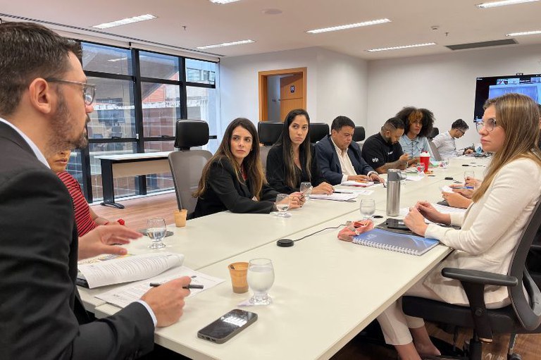 Foto de grupo de pessoas reunidas em torno de uma mesa numa sala de conferências. Um homem em primeiro plano gesticula enquanto fala, e os demais ouvem atentamente.