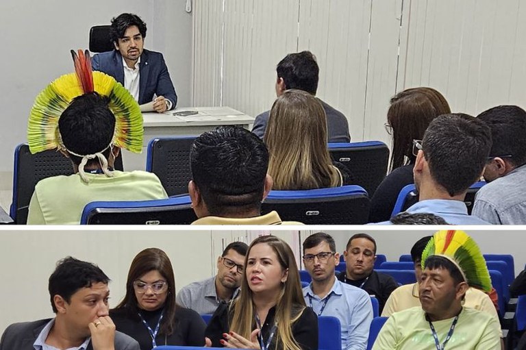 Colagem de duas fotos de ângulos diferentes de uma mesma reunião com diversas pessoas participantes, sendo que uma delas usa cocar indígena colorido.