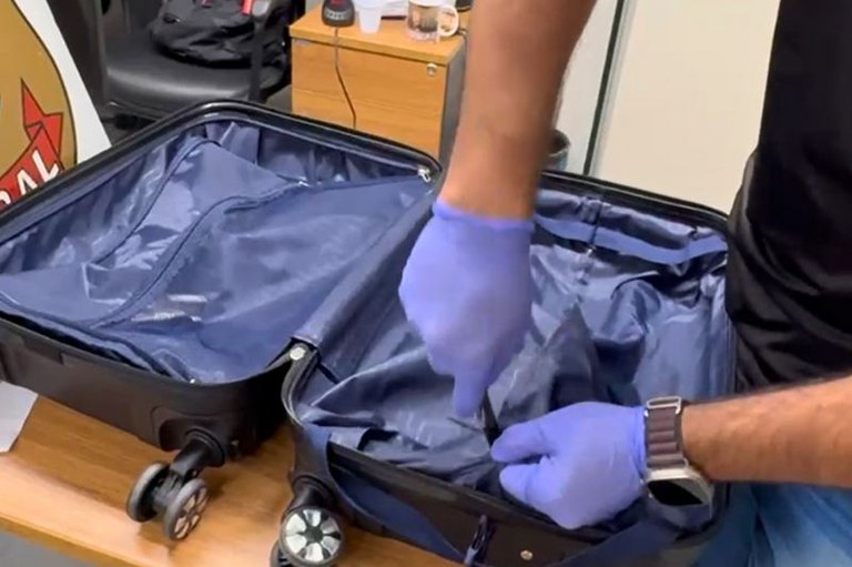 Foto de mãos com luvas azuis que revistam o forro interno de uma mala de rodinhas preta, aberta sobre uma mesa de madeira