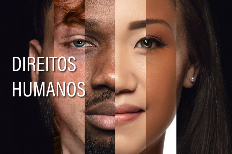 Imagem horizontal composta por faixas verticais que mostram partes de rostos de diferentes etnias. À esquerda, o texto Direitos Humanos.