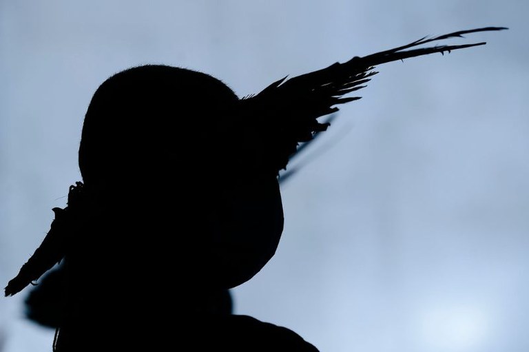 Silhueta preta de perfil de uma pessoa usando um cocar de penas contra um fundo azul claro e nublado