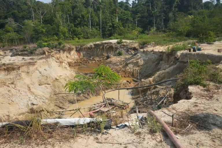 Área de garimpo em uma floresta, com uma grande cratera de terra e água barrenta em uma clareira desmatada.