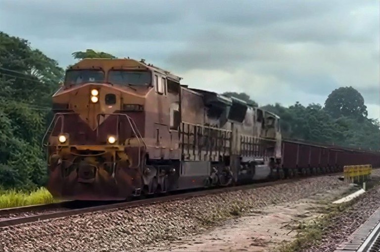 Trem de carga marrom com faróis acesos percorre trilhos em meio à vegetação sob céu nublado. Ao lado, uma segunda linha de trem.