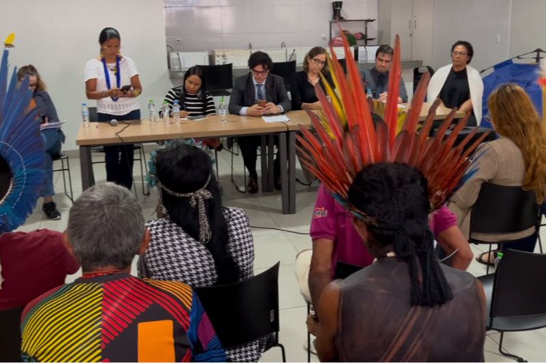 Foto em formato retangular que mostra um grupo de pessoas sentadas em uma sala de reuniões. Algumas estão usando cocares tradicionais indígenas com penas coloridas. Há uma mesa à frente com várias pessoas sentadas atrás dela e uma pessoa em pé falando.