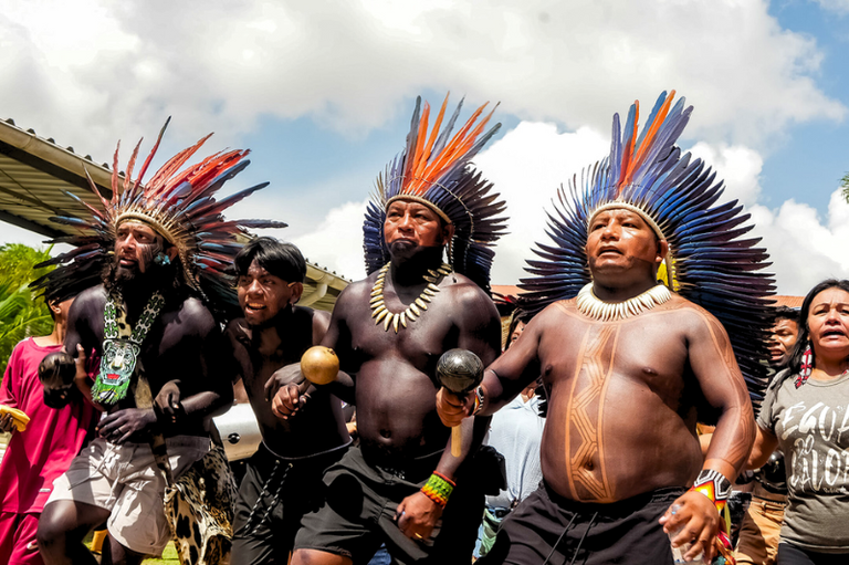 Um grupo de pessoas indígenas está marchando em um ambiente aberto durante o dia, com um céu azul e algumas nuvens ao fundo. Três homens na linha de frente usam grandes cocares de penas coloridas em tons de azul, preto e laranja, além de colares feitos de materiais naturais. Eles estão sem camisa, exibindo pinturas corporais geométricas em tons escuros no peito e nos braços. Dois deles seguram maracás nas mãos. Ao lado esquerdo, um homem com barba veste um cocar menor, um colar grande com uma estampa de tigre e calça estampada. Atrás deles, há mais pessoas participando da marcha, incluindo uma mulher de camiseta cinza com palavras brancas estampadas. O grupo demonstra expressão séria e determinada.