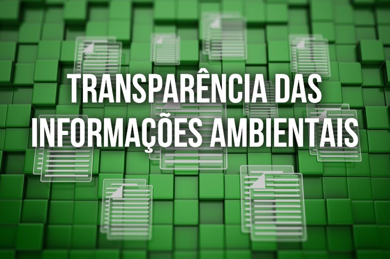 Arte com formato retangular e com um fundo composto por cubos verdes tridimensionais. Sobreposto a esse fundo, há figuras translúcidas de documentos distribuídas em diferentes tamanhos. No centro, o texto "Transparência das Informações Ambientais" está em letras brancas, com fonte destacada.