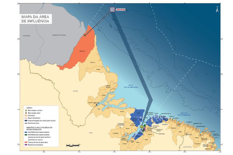 Mapa do litoral norte ilustra a área de influência do bloco FZA-M-59, ligado por rotas a zonas destacadas no Amapá e na costa do Pará.