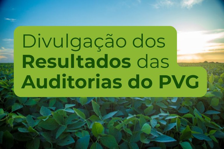 Fundo de plantação com sol ao horizonte. Sobreposto, um quadro verde com o texto Divulgação dos Resultados das Auditorias do PVG.