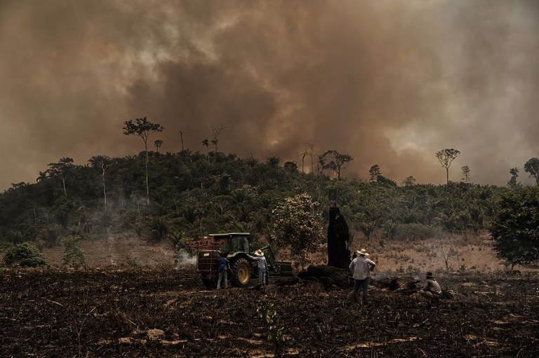 Pessoas e um trator estão em um terreno queimado, diante de uma colina com árvores sob fumaça escura.