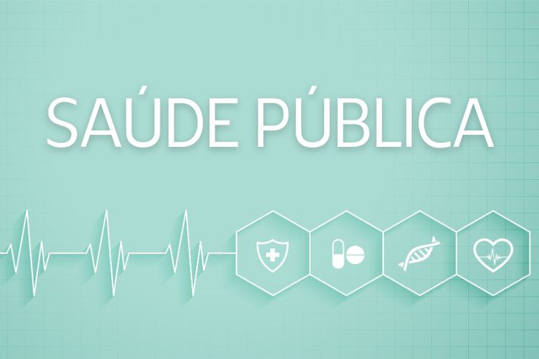 Fundo verde-água com a frase "Saúde Pública" em branco. Abaixo, linha de batimento cardíaco e ícones de saúde em hexágonos.