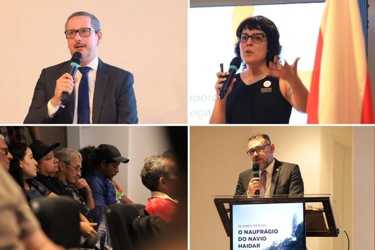 Montagem com quatro fotos: dois homens e uma mulher falando ao microfone, e uma plateia atenta a uma apresentação com texto sobre o "Navio Haidar".