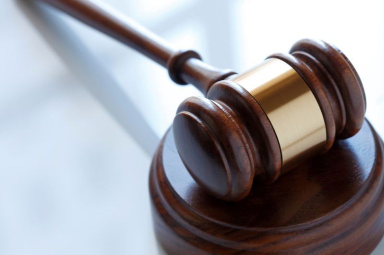 Foto em close-up de um martelo de juiz feito de madeira escura, com uma faixa de metal dourado em sua cabeça. O martelo repousa sobre seu bloco de som circular, também de madeira escura. O fundo da imagem é claro e desfocado, destacando o objeto principal.