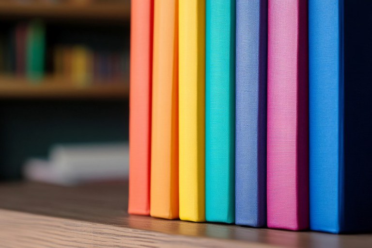 Sete livros coloridos em tom de arco-íris alinhados verticalmente sobre superfície de madeira, com fundo desfocado