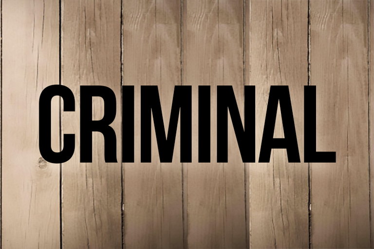 Arte retangular com fundo marrom, imitando tábuas. Em preto as palavras Criminal