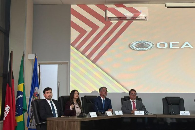 Quatro pessoas em traje formal sentadas à mesa de um evento, com bandeiras à esquerda e uma grande tela ao fundo exibindo a sigla e o brasão da OEA.