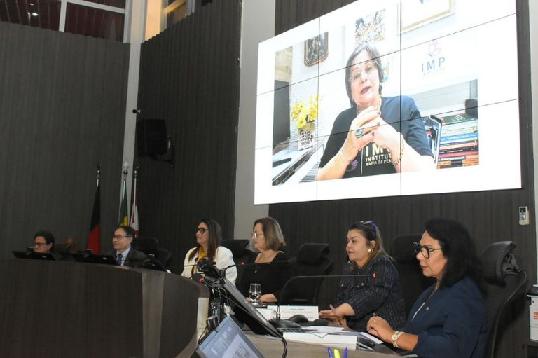 Foto mostra um telão com uma das participantes, abaixo, a mesa do evento com seis pessoas e equipamentos como computadores e microfones, além de cadernos e canetas