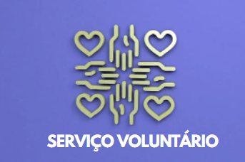 A imagem apresenta um símbolo estilizado formado por quatro mãos dispostas em um padrão simétrico, como se estivessem se conectando. Nos quatro cantos do símbolo, há corações, reforçando visualmente a ideia de cuidado e solidariedade. Abaixo do símbolo, em letras brancas e maiúsculas, lê-se “SERVIÇO VOLUNTÁRIO”. O fundo da imagem é roxo, o que contribui para destacar os elementos centrais. A composição transmite a noção de união, empatia e colaboração associadas ao trabalho voluntário.