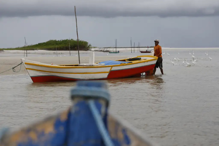 Um pescador de camisa laranja empurra um barco artesanal colorido (branco, amarelo e vermelho) em águas rasas. Ao fundo, vê-se uma faixa de areia com vegetação rasteira, várias garças brancas e um céu nublado. A foto é tirada da perspectiva de outra embarcação, com a proa azul desfocada em primeiro plano.