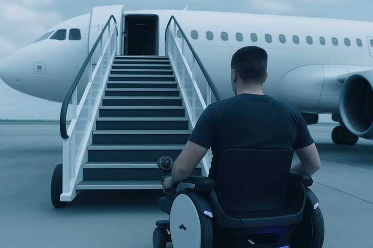 Um homem de pele clara, visto de costas, está sentado em uma cadeira de rodas robótica. Ele está diante de uma escada móvel que leva à porta aberta de um avião comercial.